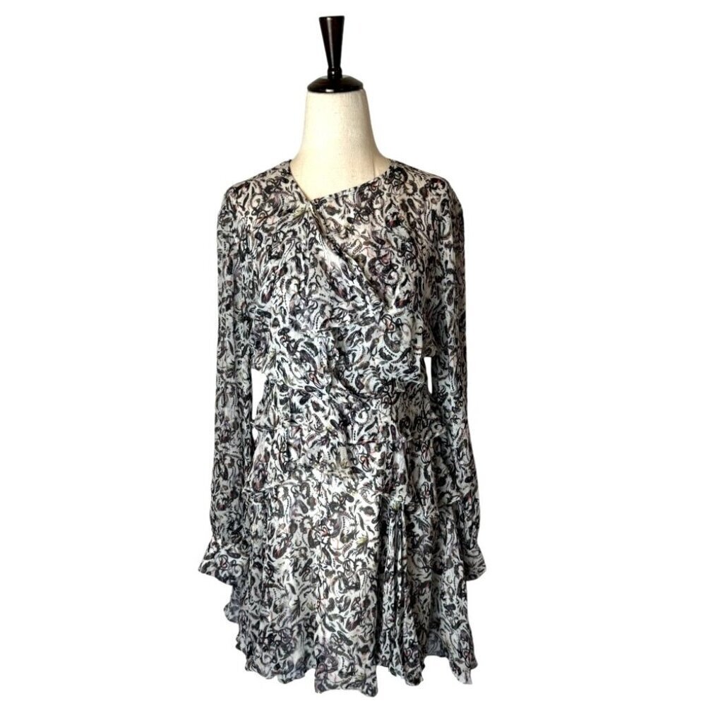 IRO Dress Women Small‎ Ivory Black Chiffon Floral Print Long Sleeve Mini